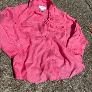 Liz Claiborne 100% Linen Vibrant Pink Button Down Blouse Size 16P